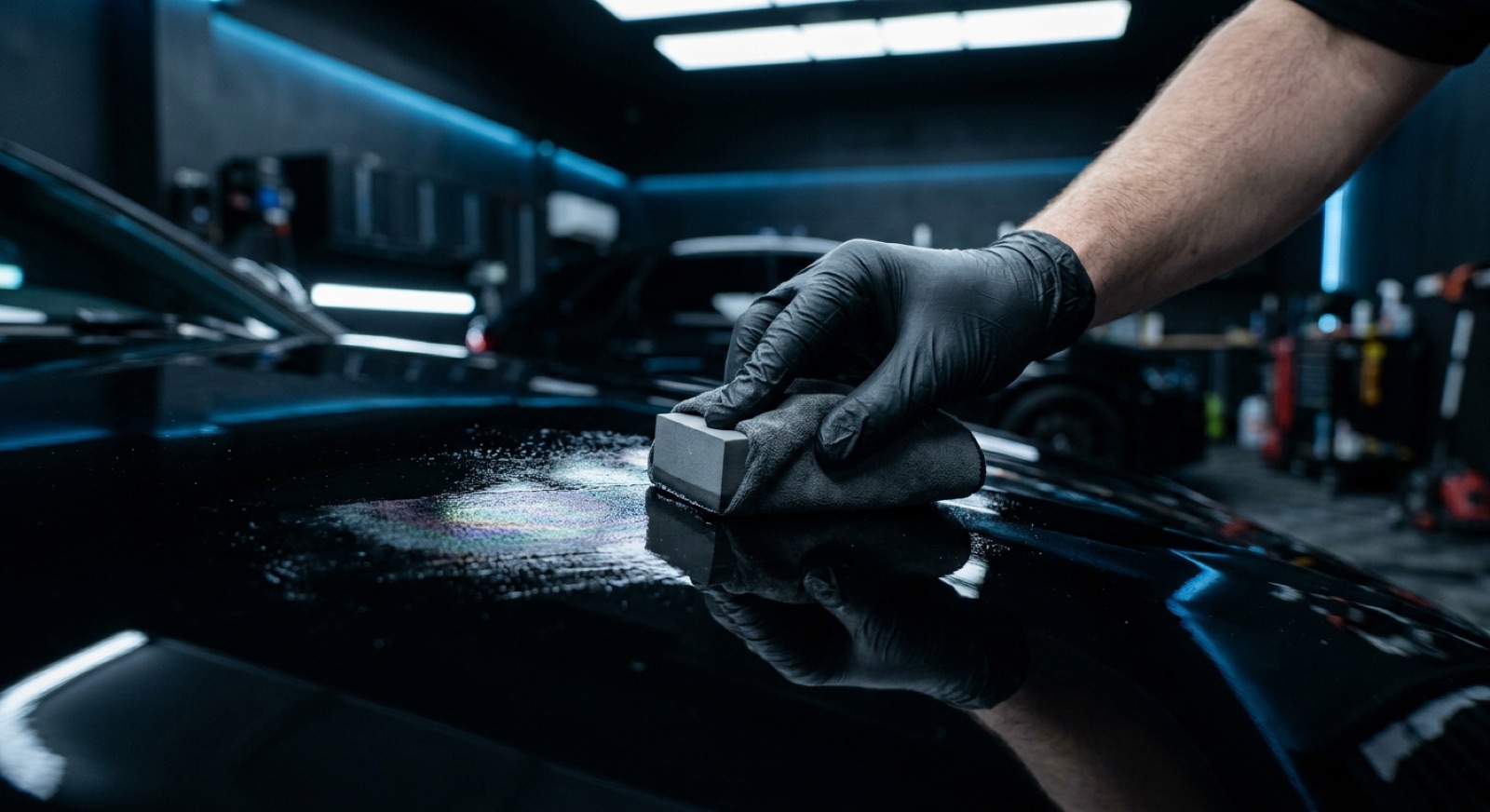 A Graphene Coatings specialist applying Kovalent Graphene Matrix to a car panel
